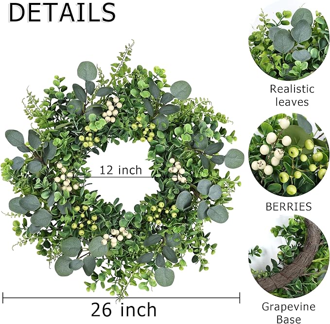 26 inch Eucalyptus Wreath Spring Summer Wreaths for Front Door, Artificial Large All Seasons Wreaths with for Farmhouse Porch Wall Living Room Home Wedding Decor