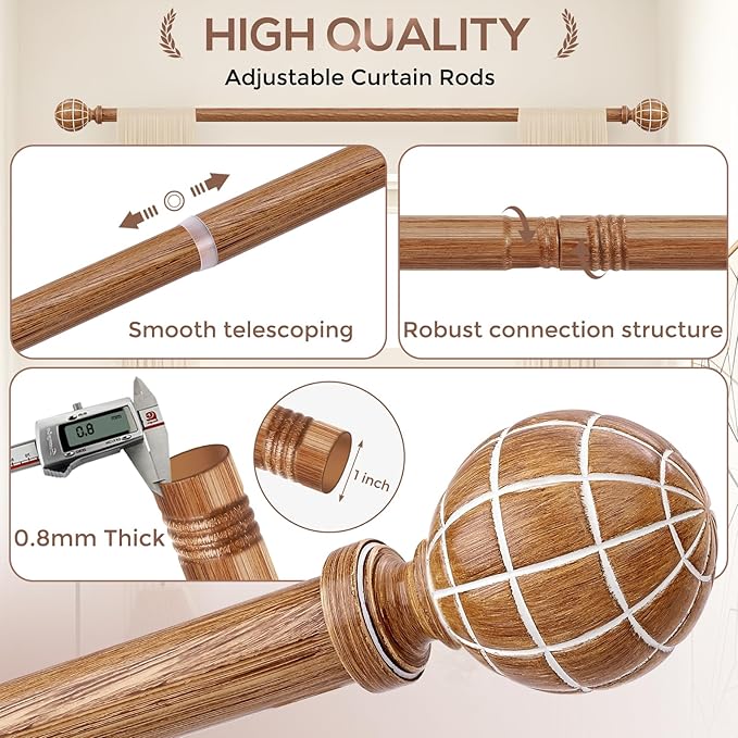 Wood Curtain Rods for Windows 28 to 48 Inches (2.33-4ft), 1'' Diameter Heavy Duty Adjustable Rustic Farmhouse Drapery Pole with Boho Imitation Wooden Grain Decorative Finials, Size 30"-60"