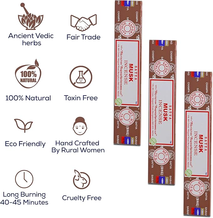 Satya Musk Incense Sticks, Satya Bng Insenses 15gmx12 Pack with Raajsee Incense Holder Bundle, Satya Nagchampa Natural Incense
