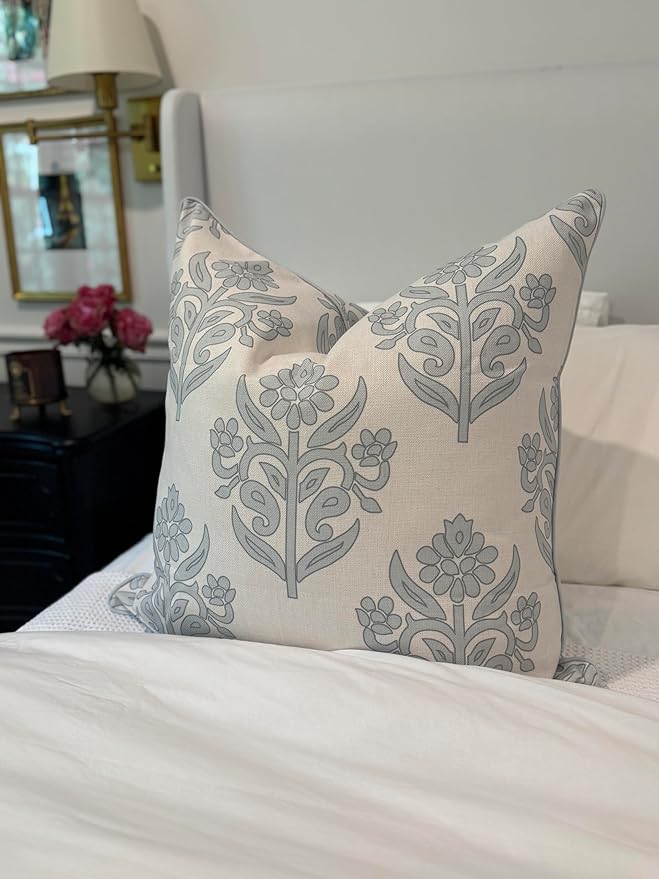 “The Naples” Floral Block Print Pillow Cover – Soft Grey and Off-White Decorative Throw Pillow Cover – Grandmillennial Home Decor, 24" x 24"
