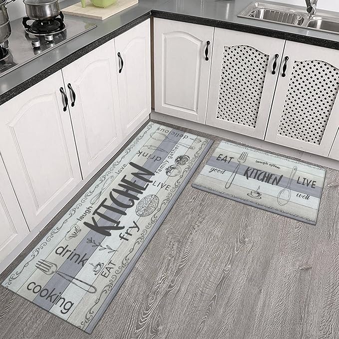 Kitchen Rugs Sets of 2 - Non Slip Washable Microfiber Kitchen Rug, Farmhouse Country Kitchens Rugs and Mats for Decor, Sink, Stove, Laundry, Machine Washable,（17"x 48"+17"x 24"）
