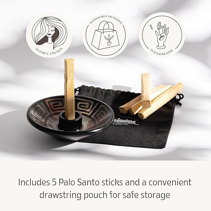 Luna Sundara Authentic Peru Pottery Palo Santo Stick Holder and Incense Holder with 5 Palo Santo Sticks Handmade Ceramic Smudge Bowl Sage Holder Blue Gift Set