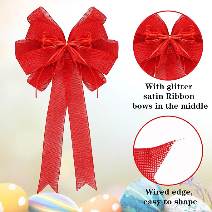 2 Pack Red Christmas Tree Bows 12x20inch Large Burlap Wreath Bow with Glitter String for Christmas Tree Topper,Home Front Door Decor, Easter Bow,Valentines and Party Decor