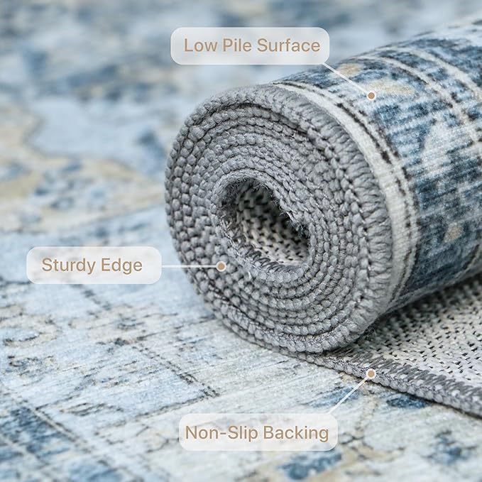 GENIMO Runner Rug 2'6''x8, Non Slip Vintage Hallway Runner Rugs, Low Pile Lightweight Machine Washable Mat for Hallway, Entryway, Bedroom, Kitchen and Corridor, Blue