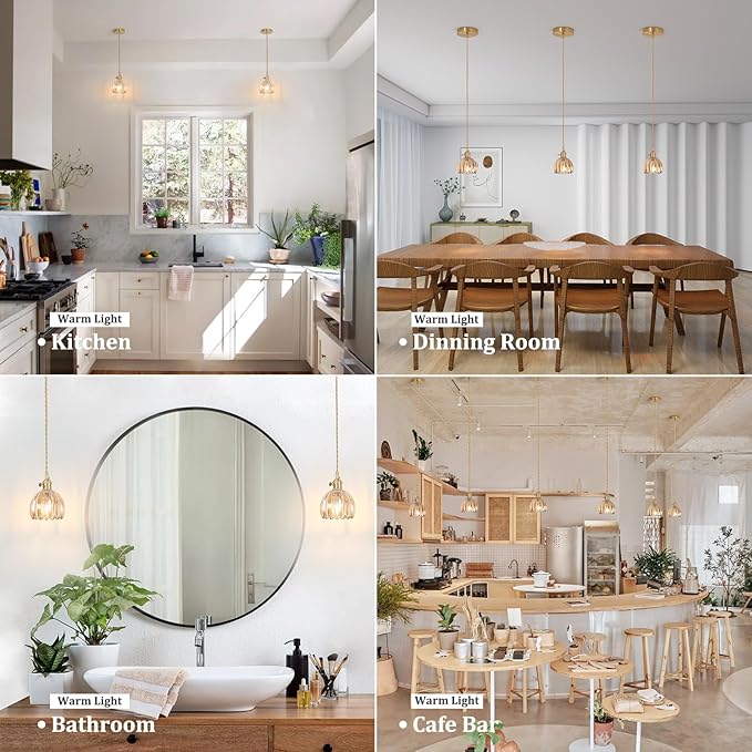 Pendant Light 2 Pack with Amber Tulip Glass Lmapshade, Brass Vintage Pendant Light Adjustable Hanging Light for Kitchen Island Dining Room Hallway