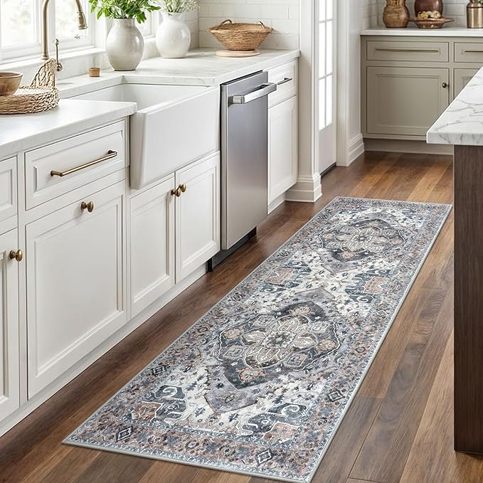 2x6 Washable Runner Rug for Hallways, Ash Taupe Soft Floor Vintage Kitchen Rugs with Non-Slip, Non-Shedding Boho Rug for Bedroom Kitchen Porch Laundry Entryway