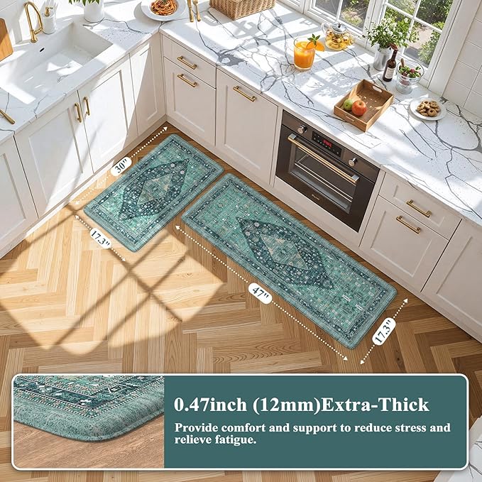 Collive Boho Kitchen Mats for Floor 2 Piece, Cushioned Anti Fatigue Kitchen Floor Mat Non-Skid Waterproof Under Sink Rug, Teal/Multi Comfort Standing Desk Rugs for Office, 17"x30"+17"x47"