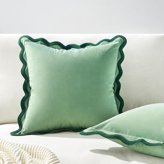 MONDAY MOOSE Decorative Throw Pillow Covers Cushion Cases, Set of 2 Soft Velvet Scalloped Wavy Edge Designs, Mix and Match for Home Decor, Pillow Inserts Not Included (16x16 inch, Green/Light Green)