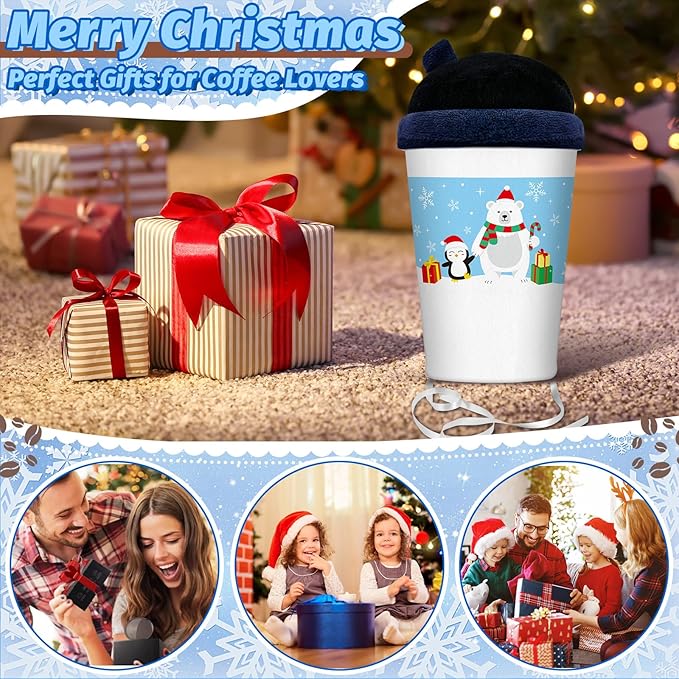 Coffee Cup Christmas Tree Topper, 8inch Coffee Themed Gifts with Winter Polar Bear Penguin and Snowflake Velvet Tree Top Decor for Home/Office Coffee Party Xmas Christmas Decoration, Coffee Lover