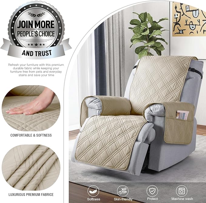 TAOCOCO 100% Waterproof Recliner Chair Cover, Oversized Recliner Covers for Large Recliner Chair with Double Straps, Non Slip Reclining Chair Cover for Kids, Pets(28'', Cream)
