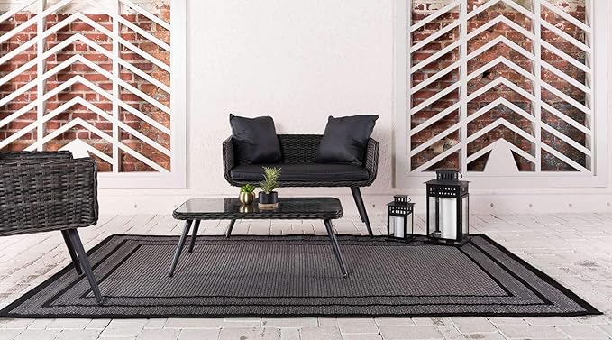 Unique Loom Outdoor Border Collection Area Rug - Multi Border (7' x 10' Rectangle, Gray/ Black)