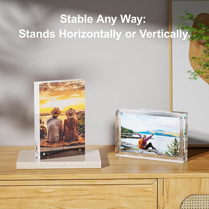 2 Pack 8x10 Acrylic Picture Frames - 20% Thicker Double Sided Magnetic Frame with UV Protection - Freestanding Clear Frameless Display for Tabletops - Modern Photo Frame Set for Home & Office Decor