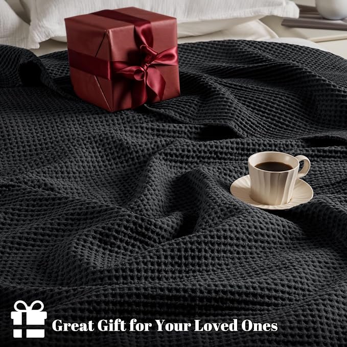 PHF 100% Cotton Waffle Weave Blanket King Size 104" x 90" - Lightweight Washed Soft Breathable -Perfect Layer for Couch Bed Sofa - Aesthetic Elegant Home Decoration Gift - Black