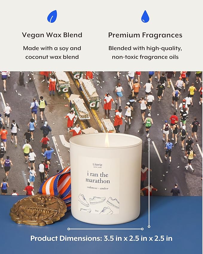 Literie NYC Inspired Scented Candle: I Ran The Marathon - Oakmoss & Amber Scent, 9oz, 50 Hour Burn, Vegan Soy & Coconut Blend Candle for Home Decor, Gift for Women & Men