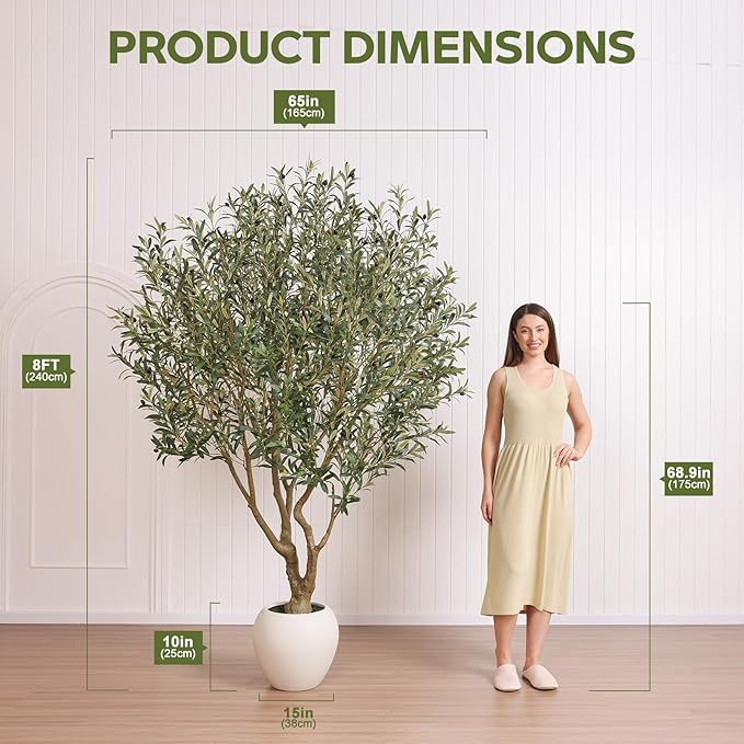 Olive Trees Artificial Indoor, 8FT Tall Faux Olive Tree with Round White Planter, UV Resistant Outdoor Large Fake Olive Plants for Modern Home Decor Living Room Office