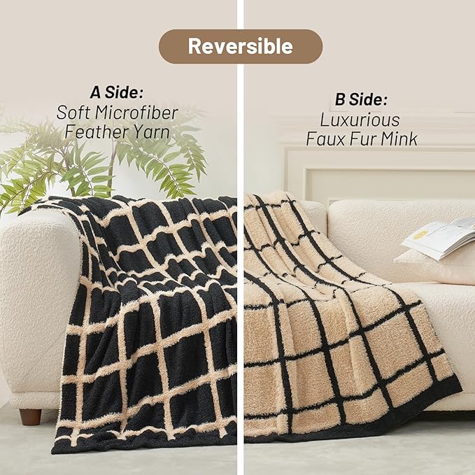 Amélie Home Cable Knit Throw Blanket for Couch, Bicolour Super Soft Fuzzy Blanket for Sofa, Luxury Cozy Fluffy Throw for Room Decor, 50" x 60", Plaid Black