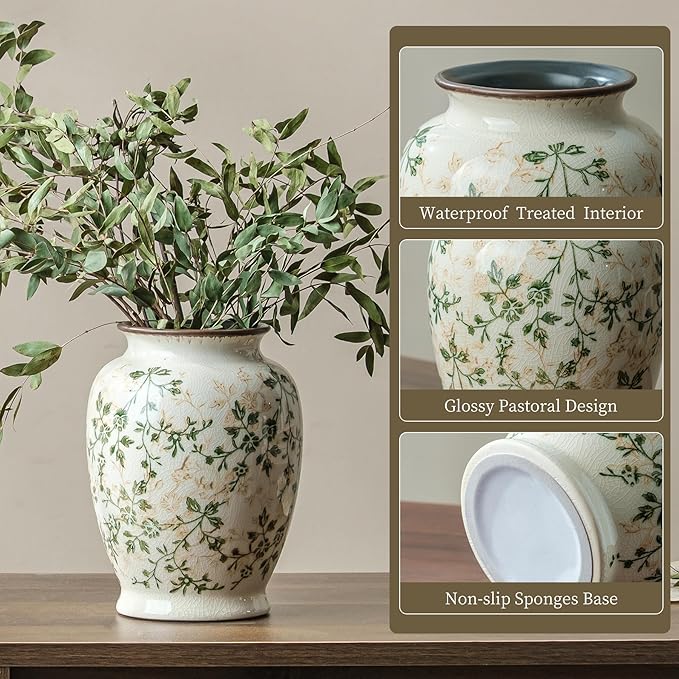 Vintage Green and Beige Vase, Round Ceramic Floral Vases, Retro Ice Cracked Chinoiserie Vase for Home Decor, Living Room, Bookshelf, Office, Grand Millennial Decor, Rustic Table Centerpiece 8 Inch