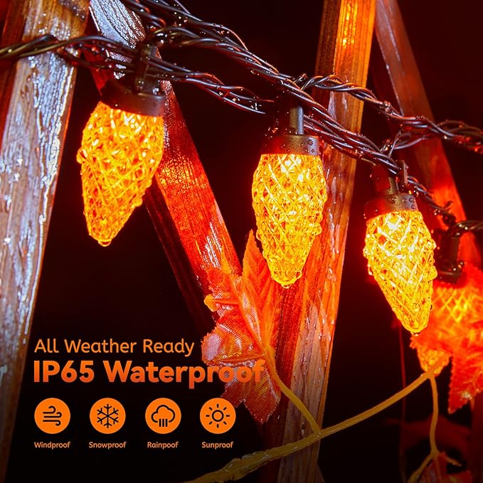 Halloween C9 LED String Lights, 82ft 100 LED Waterproof Strawberry String Light, Plug in Extendable Black Wire Halloween Lights String for Outside Decoration, Orange