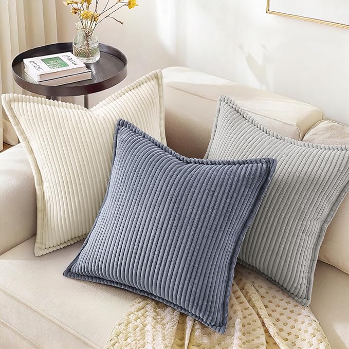 decorUhome Corduroy Blue Grey Throw Pillow Covers 16x16 Set of 2 Decorative Soft Boho Farmhouse Euro Couch Pillow Covers for Living Room Bed Sofa Broadside Striped Pillow Cases