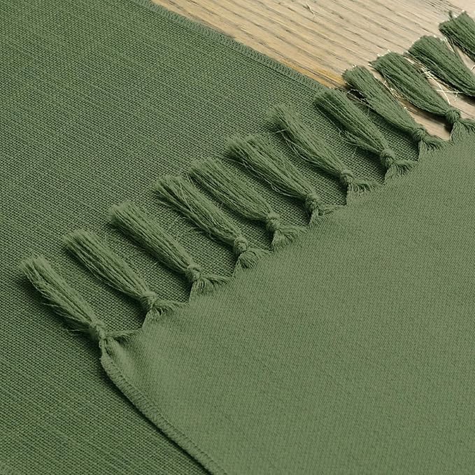 Artoid Mode Dark Green Tassel Table Runner, Linen Blend Rustic Farmhouse Style Kitchen Table Decoration Holiday Wedding Party Dinning Decor 13x72 Inch