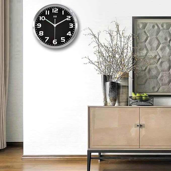 HITO 10 Inch Night Light Wall Clock Battery Operated Brightness Adjustable, Silver Aluminum Frame, Glass Cover(Hands + Numbers Illuminate)