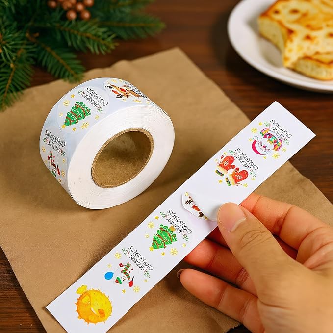 Christmas Sticker Roll - 500 Pieces 2.5x2.5cm Water Resistant Holiday Stickers, Easy Peel and Stick Decals | Handicrafts Envelopes Cards Bread Bags Wall Decor DIY Party Greetings Kids Adults