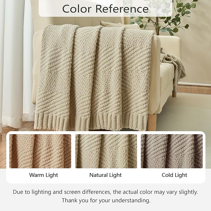 Knitted Throw Blanket 60"X80", Light Beige Knit Throws for Bed, Super Soft Boho Chevron Blankets for Couch Sofa Chair Room Decor, Textured Decorative Farmhouse Cozy Lightweight