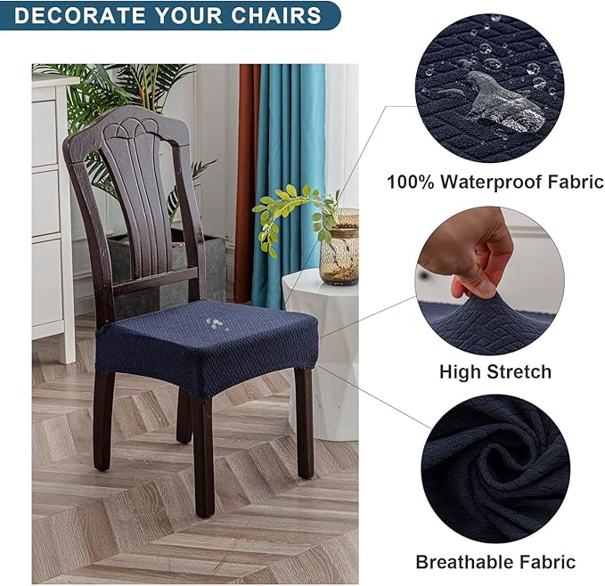 Genina Waterproof Seat Covers for Dining Room Chair Covers Waterproof Dining Chair Covers (6 PCS-Rear-gapped, Navy Blue)