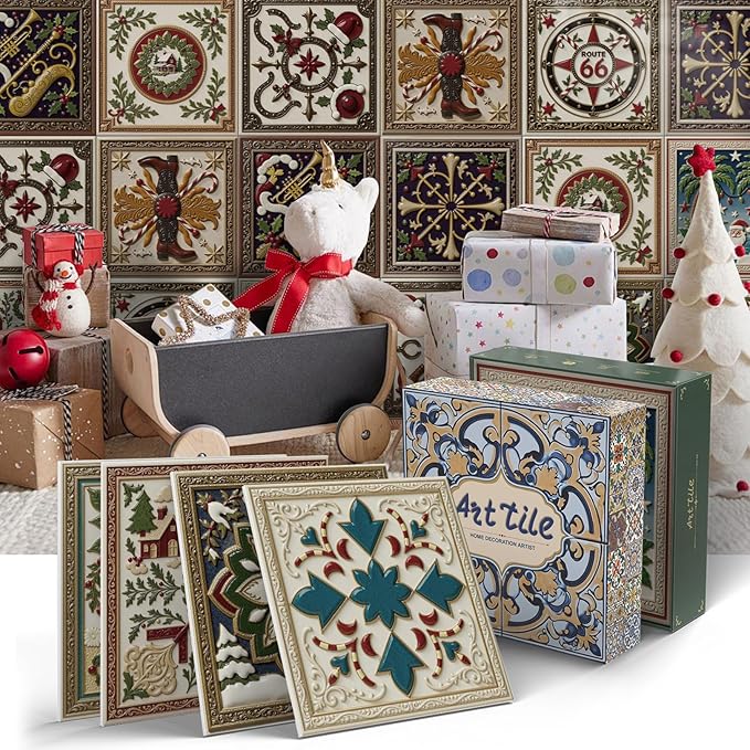 Christmas Peel and Stick Tile, 12-Count 5.9x5.9 Inch Waterproof Backsplash, Removable Sticker for Kitchen and Bathroom Wall