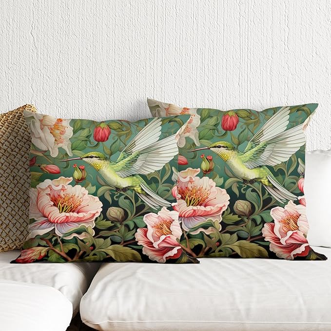 William Morris Pillow Covers 18x18 Inch Hummingbird Print Pillow Protectors with Zipper Standard Size Vintage Spring Floral Botanical Pillowcases Midcentury Modern Bed Pillow Covers Set of 2