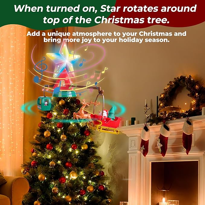 Christmas Tree Topper Spinning Star Animated Funny Xmas Decoration with Musicians Lamplight for Indoor Office Home Classroom Party Decor