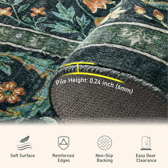 Woaboy Washable 2.6x8 Runner Area Rug, Hallway Kitchen Bedroom Beside Laundry Room Bathroom Rug，Non-Slip Low Pile Stain Resistant Soft Carpet for Vintage Boho Floral Home Decor Dark Green