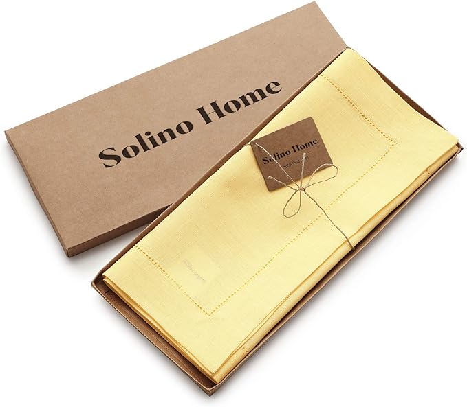 Solino Home Linen Yellow Table Runner 108 Inches Long - 100% Pure Linen 14 x 108 Inch Table Runner for Valentines, Spring, Easter - Classic Hemstitch