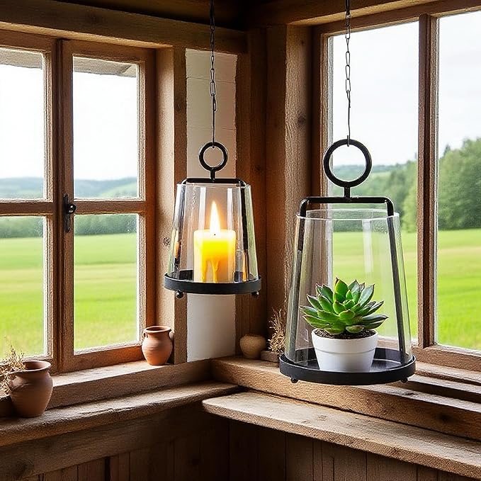 9" Wide Modern Farmhouse Metal Hurricane Candle Holder with Handmade Sturdy Glass Sleeve in Black for Pillar Candle & Plants, Glass Hurricane Lantern, Industrial, Minimalistic