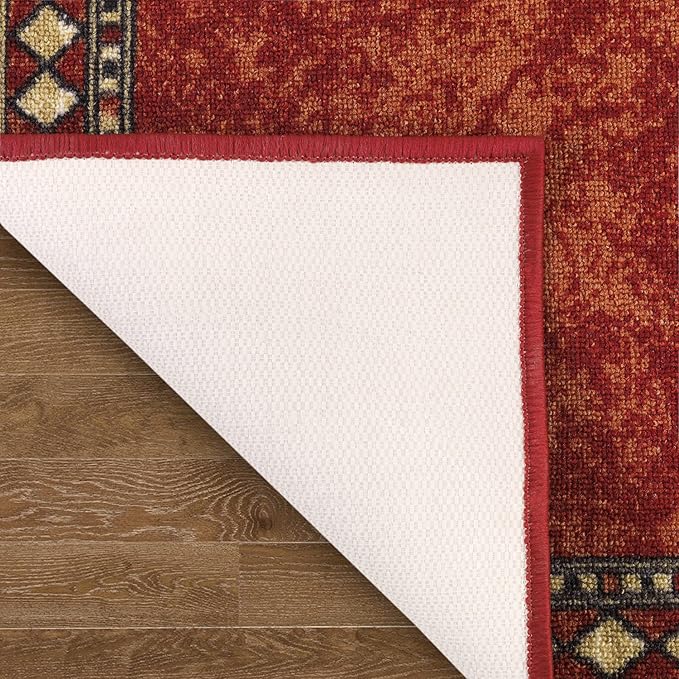 Antep Rugs Alfombras Modern Bordered 2x7 Non-Skid (Non-Slip) Low Profile Pile Rubber Backing Indoor Area Runner Rugs (Maroon Beige, 2' x 7')