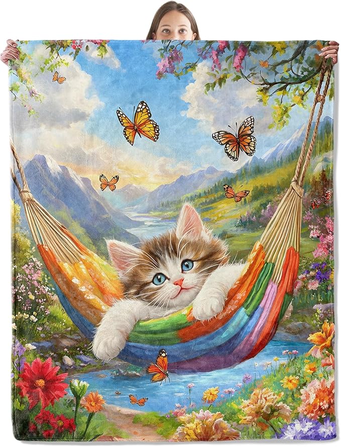 Cute Cat in Hammock Blanket, Cozy Plush Throw Blanket for Couch Bedroom Outdoor, Lightweight Soft Flannel Travel Blankets, Gifts for Women Adults Kids, Warm Decor 60"×80"