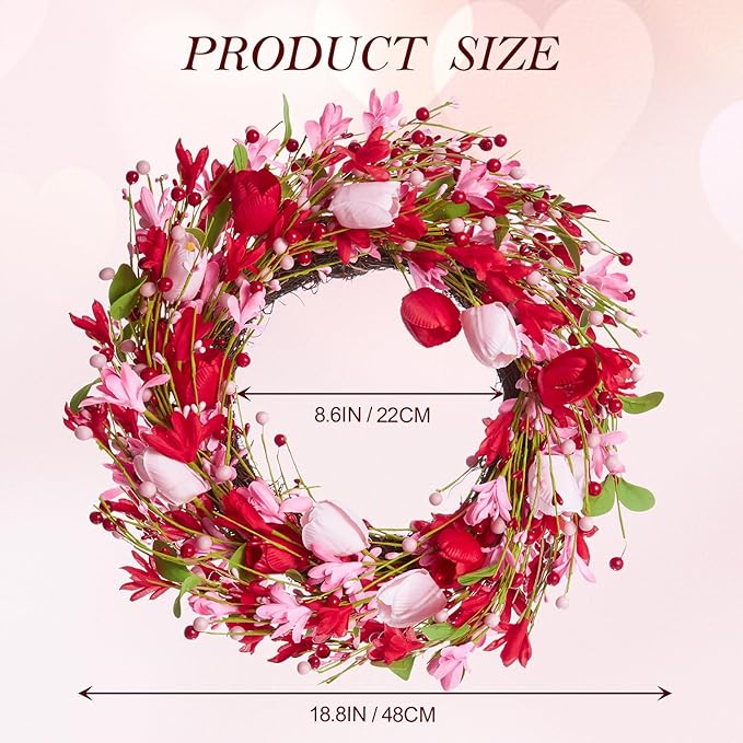 WDS WONDROUS 18.8 Inch Valentine's Day Wreath, Red Pink Tulip Floral Wreath with Berry Accents for Front Door Decor, Spring Wedding Anniversary Party Decoration