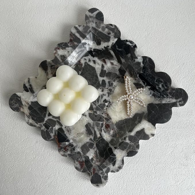Vintage Natural Marble Tray Small Ornaments Scalloped Tray Handmade Storage Dish for Counter, Vanity, Dresser, Nightstand and Desk (Black White Brown)
