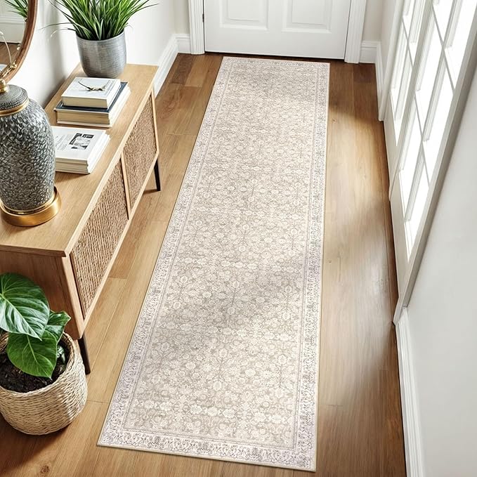 2x8 Washable Runner Rug for Hallways, Cream Beige White Grey Soft Classic Kitchen Rugs with Non-Slip, Non-Shedding Distressed Floral Rug for Hallways Entryway Bedroom Bathroom Laundry Indoor