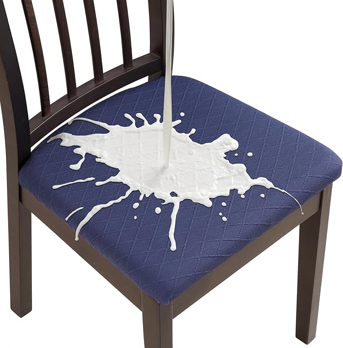 Fuloon Waterproof Seat Cushion Covers 6 PCS, Stretch Jacquard Chair Seat Covers Washable Dining Room Chair Slipcovers Removable Kitchen Cushion Protector (6, Waterproof-Navy Blue)