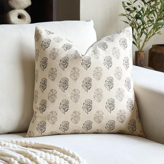Floral Vintage Throw Pillow Covers 18x18 Pillow Cover Block Print Decorative Cushion Covers Farmhouse Neutral Accent Home Décor for Sofa Couch Living Room Bedroom, 1PC, Light Taupe