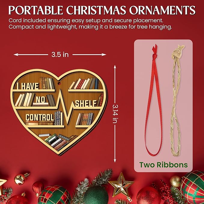 GEEMBI Christmas Book Lovers Gifts for Women - Wooden Bookshelf Heart Christmas Ornaments 2025 for Tree Decorations - Book Club Gifts Readers Nerd Librarian, Reanding Gift for Tecaher Friend Coworker