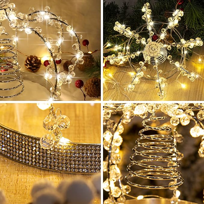 LAWOHO Christmas Tree Topper Star, Jeweled Crown with 60 Warm White LED USB Lighted Tree Topper, Xmas Tree Decor with Remote Control 8 Lighting Mode, Timer, Dimmer for Christmas Tree Ornament（Silver）