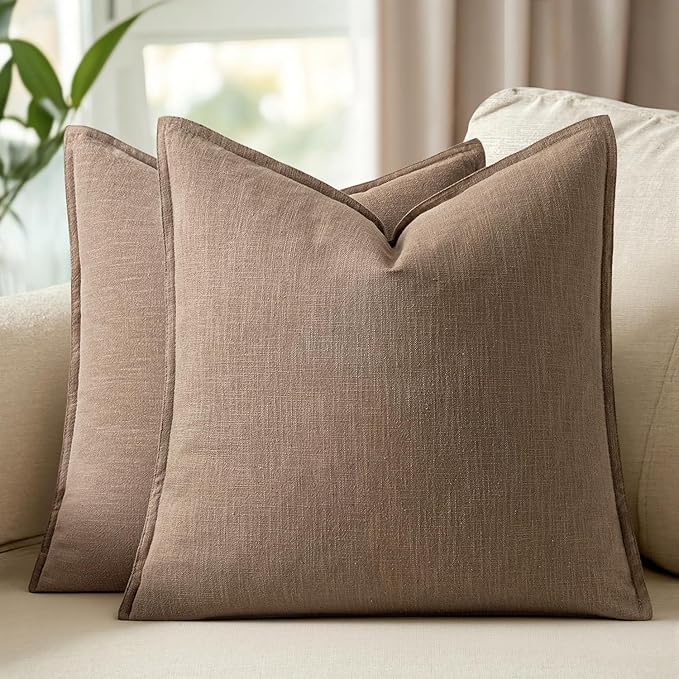 Woaboy 24x24 Inch Set of 2 Decorative Linen Solid Throw Pillow Covers Boho Accent Farmhouse Couch Pillowcases Modern Netural Euro Home Decor for Couch Sofa Living Room Bed,Light Brown