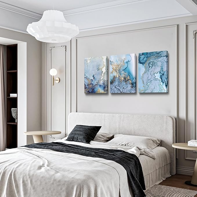 Abstract Canvas Wall Art For Living Room Bedroom Decoration Bathroom Wall Decor Blue Abstract Watercolor Painting Home Decoration Kitchen Posters Pictures Artwork,Inspirational Wall Art 3 Piece Set