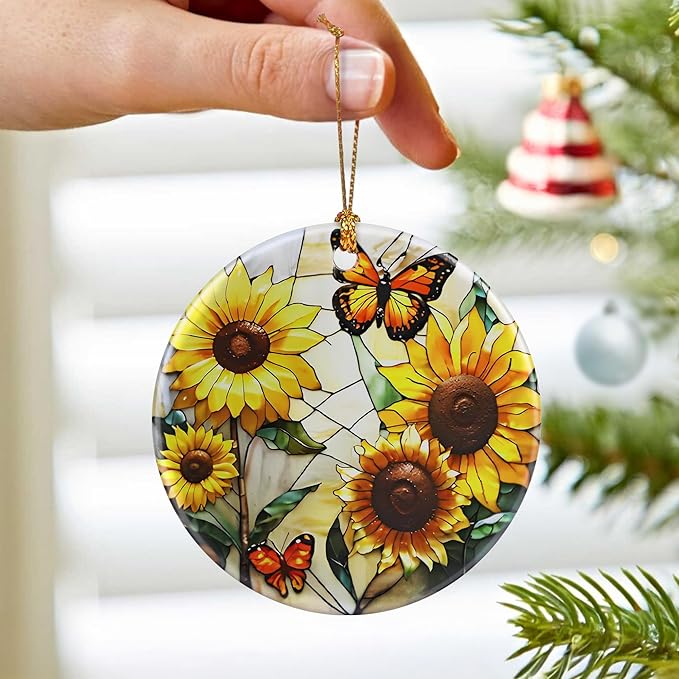 Sunflowers with Butterflies Ornament – Christmas Decoration & Christmas Ornament; Round Ceramic (Holiday Present, Bauble Present, Gift Idea, and Gift Exchange) | Heirloom Keepsake