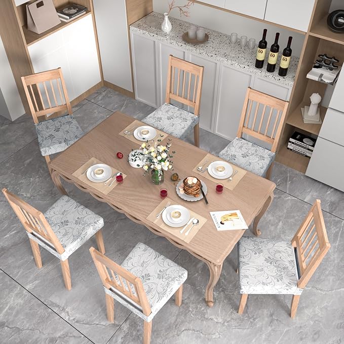 Stretch Dining Chair Seat Covers Set of 6,Dining Chair Slipcovers, Floral Printed Chair Covers,Soft Fabric Washable Upholstered Chair Seat Protector, No Rear Covers for Home Kitchen Dining Room
