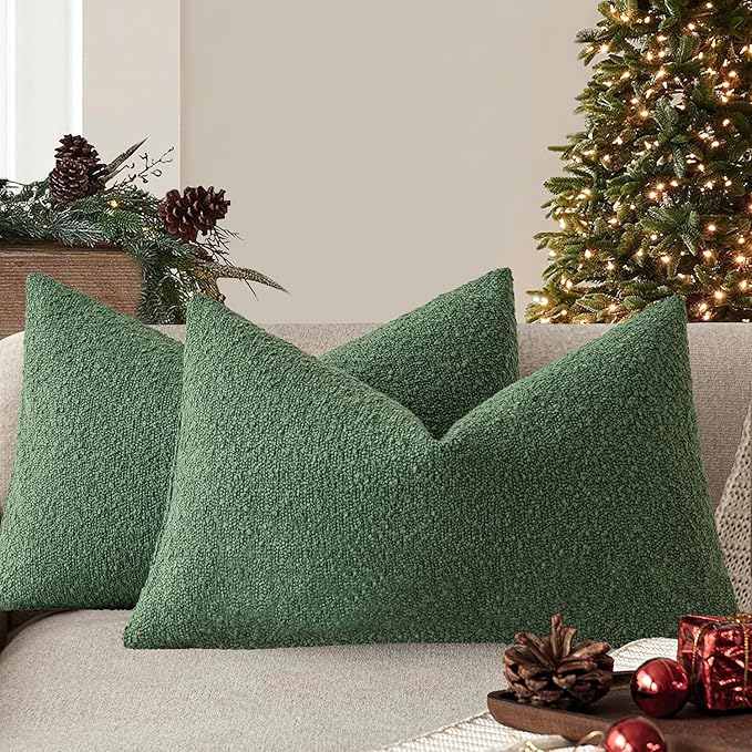 Foindtower Pack of 2 Textured Boucle Throw Pillow Covers Accent Solid Decorative Lumbar Pillow Cases Cozy Couch Cushion Case for Chair Sofa Bed Living Room Home Decor 12 x 20 Inch Hunter Green