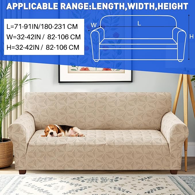 YEMYHOM 1 Piece Stretch Couch Covers for 3 Cushion Couch, Jacquard Sofa Cover with Non-Slip Elastic Bottom, Thickened Slipcover Furniture Protector for Dogs Pets (Large, Khaki）