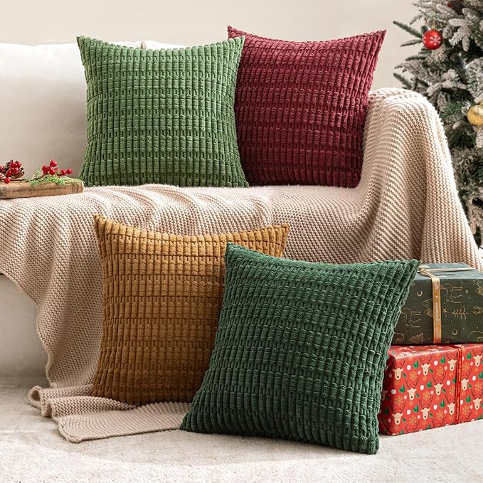 MIULEE Soft Corduroy Throw Pillow Covers Set of 4 Christmas Green 18x18 Inch Modern Farmhouse Boho Decorative Accent Cushion Covers for Couch Sofa Bedroom